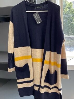 Striped Open-Front Cardigan in Navy, Cream & Yellow - DUNNES